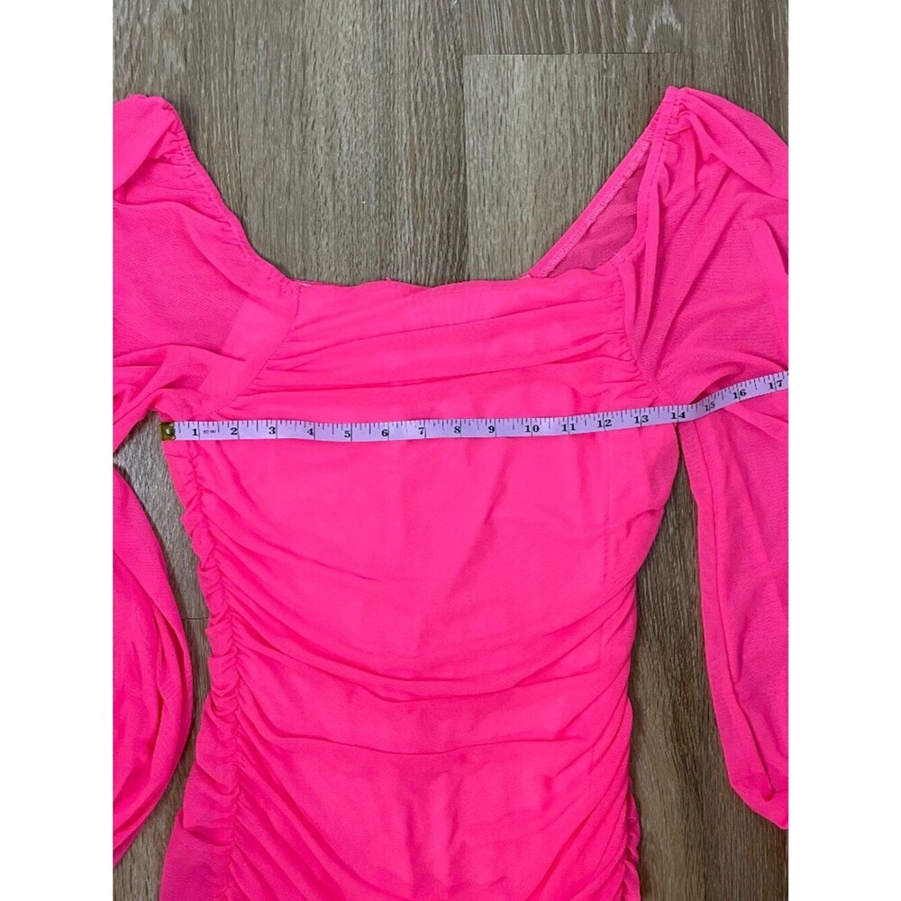 MEROKEETY Hot Pink Long Sleeve Square Neck Mesh Bodycon Midi Dress Size M 8-10 - Picture 4 of 15